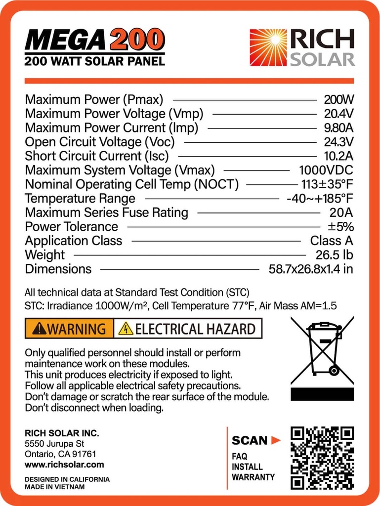 RICH SOLAR MEGA 200 Watt Monocrystalline Solar Panel