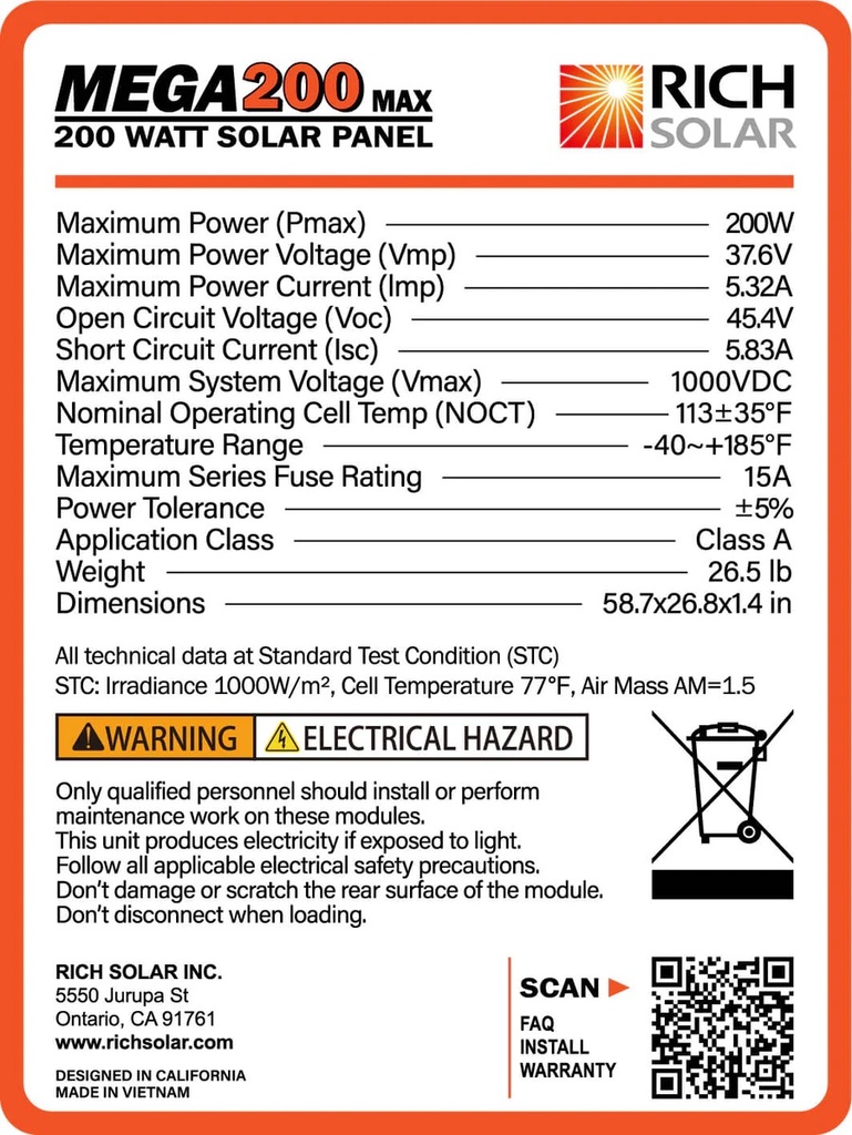 Rich Solar MEGA 200 Watt 24v Monocrystalline Solar Panel